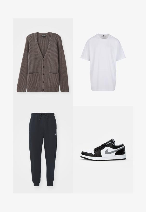 Mörkgrå ribbad cardigan med V-ringning, långa ärmar och två framfickor. Knäppt med fem mörka knappar. Mjuk textur.; Vit bomull t-shirt med korta ärmar, rundad halsringning, avslappnad passform och utan synliga logotyper eller mönster. Slät textur och minimal design.; Svarta joggarbyxor av mjukt material, med elastisk midja samt snörning, ribbade muddarna och en liten logotyp på vänster lår.; Jordan AIR JORDAN 1 LOW - Sneakers - black/particle grey-white