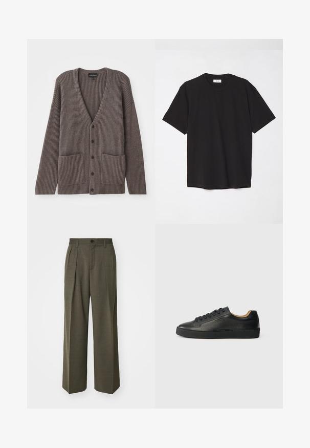 Tumši pelēks ribots kardigans ar V veida kakla izgriezumu, garām piedurknēm un divām priekšējām kabatām. Aizdara ar piecām tumšām pogām. Mīksts audums.; Melna kokvilnas T-krekls ar apaļu kakla izgriezumu, īsām piedurknēm un brīvu piegulšanu. Vienkāršs dizains, gluda tekstūra un bez redzamām rakstiem vai logotipiem.; Filippa K WIDE TROUSERS - Auduma bikses - driftwood; Melnas zemas ādas sporta kurpes ar teksturētu virsmu, melniem šņorēm un biezu gumijas zoli, attēlotas no sāna uz gaiša fona.