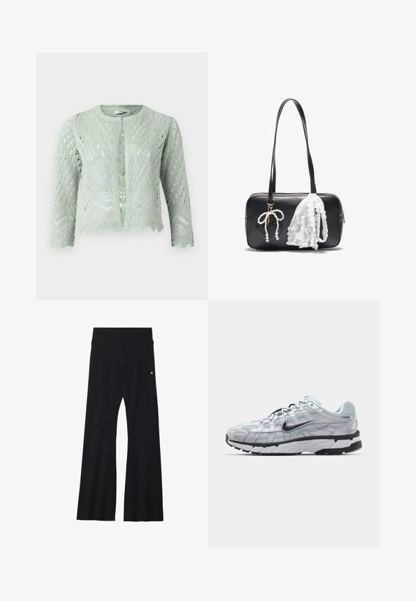 Jasnozielony dziergany kardigan z ażurowym wzorem, rękawami o długości 3/4 i falbaniastym wykończeniem. Zaprojektowany z okrągłym dekoltem i bez zapięć.; Krótki top z krótkim rękawem w ciemnym granacie, wykonany z gładkiej, elastycznej tkaniny. Posiada okrągły dekolt i minimalne przeszycia. Brak widocznych logo.; Czarne, rozszerzane spodnie do jogi z elastycznego materiału, z szerokim pasem i małym logo w pobliżu biodra. Gładka tekstura, bez wzorów.; Nike P-6000 sneakers z jasnoszarym siateczkowym wierzchem, czarnymi akcentami i trwałą czarną gumową podeszwą. Charakteryzują się skomplikowanym wzornictwem i systemem sznurowania.; Even&Odd - Torebka