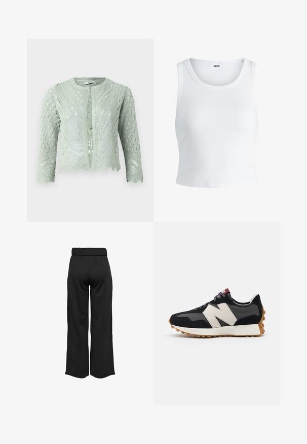 Vaaleanvihreä neulekartta, jossa on avoin kuvio, kolmanneksen pituiset hihat ja kiharat helma. Suunniteltu pyöreällä pääntielle ilman kiinnityksiä.; Valkoinen ribbattu hihaton toppi, jossa on pyöreä pääntie ja lyhyt malli. Tunnuslukuna lukee "JJXX". Sujuva kangas.; Mustat, leveälahkeiset housut, joissa on joustava vyötärö, valmistettu sileästä kankaasta. Ominaisuuksia ovat puhdas muotoilu ilman taskuja tai näkyviä ompelusaumoja.; Mustat ja harmaat mokkakenkä, jossa on suuri kermanvärinen "N"-logo, violetit nauhat ja teksturoitu kumipohja.