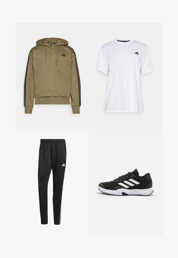 Olivgrön zip-up hoodie med känguruficka, svarta sidosträck och en liten svart logotyp på bröstet. Mjuk väv med ribbade muddar.; Vit sporttopp med kort ärm, tillverkad av fukttransporterande tyg. Har en svart logotyp på vänster bröst och ett mönstrat inre halsringning.; Svarta träningsbyxor med elastisk midja, vita sidostreck och en liten vit logotyp på låret. Tillverkade av ett slätt, lätt material.; Svarta sportskor med ett texturerat nätövre, vita accentlinjer, en dämpad sula och en förstärkt häl för stöd.