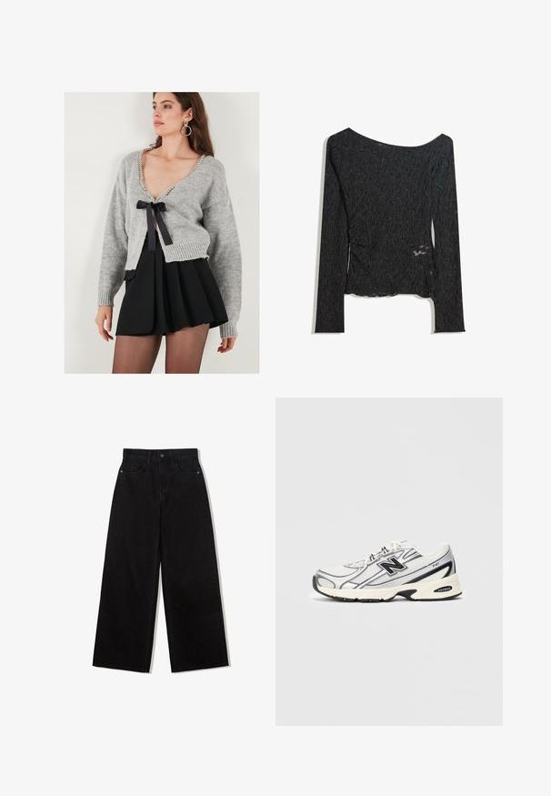 Sivi pleteni kardigan s V izrezom, ukrašen bisernim detaljima i crnom vrpcom vezanom sprijeda. Ispod je crna plisirana suknja.; Dug rukav, crni top od teksturirane tkanine s brod izrezom i bočnim prorezom, s naboranim uzorkom po cijeloj površini.; Crne, široke traperice visokog struka, s pet džepova i jednim gumbom za zakopčavanje sprijeda.; Bijeli i sivi atletski tenisice s crnim "N" LOGO-om, mrežasta gornjište, podloga s amortizacijom i dizajn s čipkastom vezom, prikazano na jednostavnom svijetlosivom pozadini.