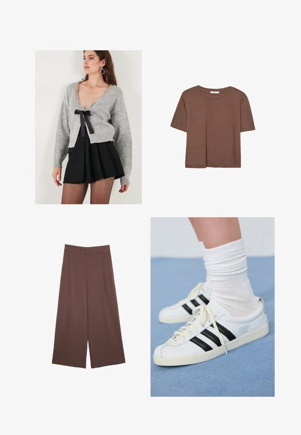 Šedý pletený cardigan s výstřihem do V, zdobený perlovými detaily a černou stuhou na uzel vepředu. Pod ním je černá skládací sukně.; Hnědé tričko s krátkým rukávem vyrobené z měkké látky, s kulatým výstřihem a volným střihem. Bez viditelných vzorů nebo dekorací.; Hnědé široké kalhoty s hladkou texturou, vysokým pasem a předními záhyby. Materiál je lehký a volně splývá.; Bílé kožené tenisky s černými pruhy, krémovou podešví a světlými tkaničkami. Nosené s bílými žebrovanými ponožkami, umístěné na modrém pozadí.