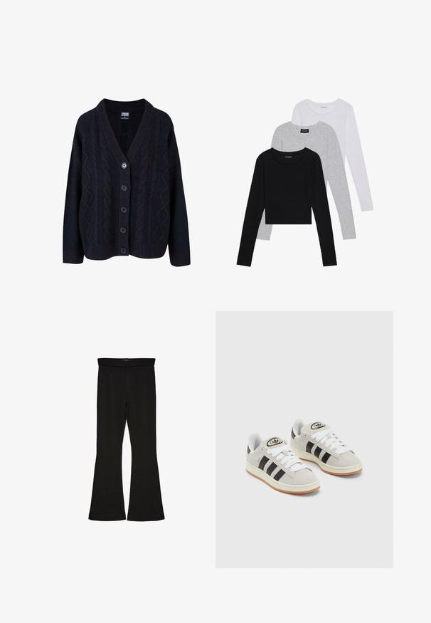 Juodas megztinis su apykakle V formos, su užsegimu priekyje, kuris turi penkis mygtukus, ir raukšlėmis rankogaliuose. Minkšta tekstūra ir laisvos formos dizainas.; Trijų ilgomis rankovėmis marškinėlių krūva: juodas, pilkas ir baltas. Kiekvienas turi apvalų iškirpimą ir trumpą dizainą, pagamintas iš lygaus, lengvo audinio.; Juodos flared tipo legginsai, pagaminti iš tamprios medžiagos. Yra platus juosmuo ir lygus paviršius, su prie kūno priglundančiu siluetu, kuris pločiasi ties apatine dalimi.; Grynos zomšos sneakeriai su baltais raišteliais, juodomis juostelėmis ir balta gumine sole. Turintys apskritą logotipą ant liežuvėlio ir guminę sole.