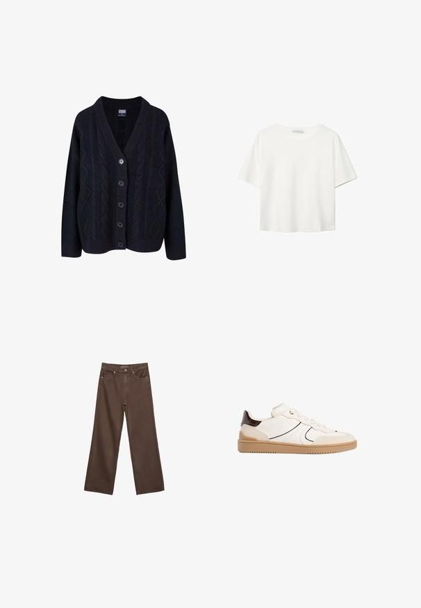 Mustan langan neulecardigan, jossa on V-muotoinen kaula-aukko, napitettu etuosa viidellä napilla ja resorit. Pehmeä tekstuuri rentoa istuvuutta varten.; Valkoinen lyhythihainen T-paita, joka on tehty puuvillasta. Siinä on pyöreä kaula-aukko ja rento malli. Silkkinen pinta ilman näkyviä kuvioita tai koristeita.; Leviittävät ruskeat farkut, jotka on valmistettu denimistä, korkea vyötärö, etutaskut ja klassinen nappikiinnitys. Silkkinen pinta hienovaraisella ompelutyöllä.; Stradivarius Matalavartiset tennarit - white