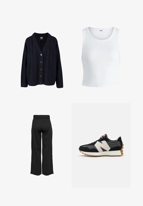 Juodas megztinis su apykakle V formos, su užsegimu priekyje, kuris turi penkis mygtukus, ir raukšlėmis rankogaliuose. Minkšta tekstūra ir laisvos formos dizainas.; Balta raukšlėta tank top marškinėliai su apvaliu iškirpimu, be rankovių dizainu ir trumpa ilgio. Etiketėje parašyta "JJXX." Lygus audinio paviršius.; Juodos, plačios kelnės su elastinga juosta, pagamintos iš lygaus audinio. Pasižymi švariu dizainu, be kišenių ar matomų siūlių detalių.; Juoda ir pilka zomšinė sportinė avalynė su dideliu kreminiu "N" logotipu, violetinėmis raištelėmis ir tekstūruota gumos padu.