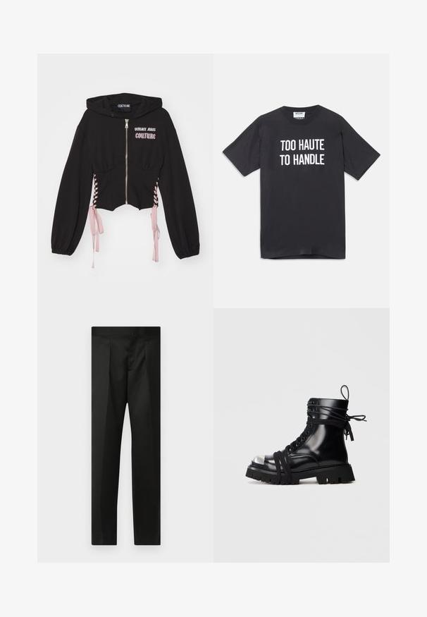 Fekete, rövidített kapucnis pulóver cipzárral, rózsaszín fűző részletekkel az oldalán, és a "Versace Jeans Couture" felirat rózsaszín és fehér színben a mellkason.; Fekete pamut póló rövid ujjakkal és kerek nyakkivágással, elöl fehér felirattal: "TÚL FORRÓ AHHOZ, HOGY KEZELNI TUDJUK".; Fekete nadrág sima anyaggal, testhezálló fazonnal, egyenes lábakkal és lapos derékkal, látható zárak vagy zsebek nélkül.; Fekete bőr bokacsizma fényes orrnyereggel, vastag gumitalppal és keresztbe fűzött cipőfűzővel. Lehetősége van fűzős elülső részen és hátul húzófülen.