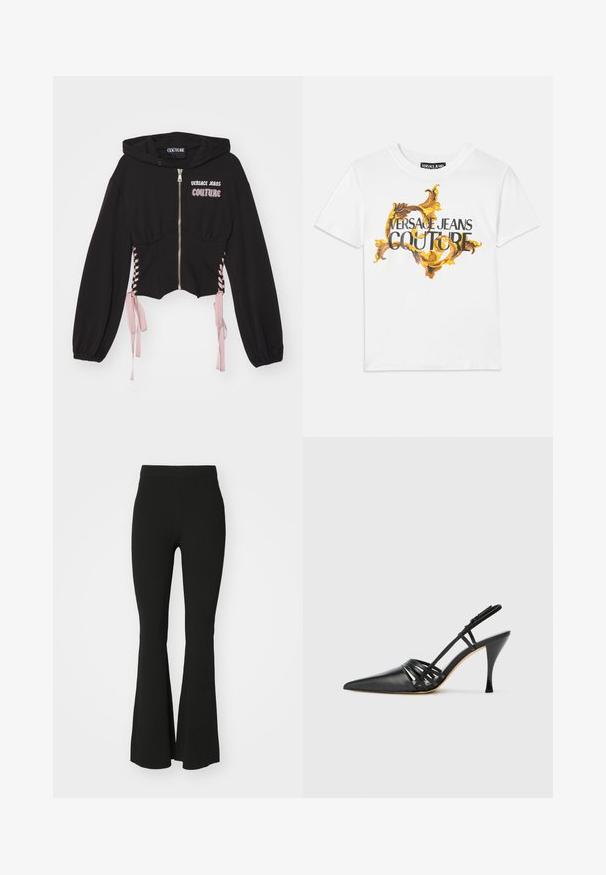 Black cropped hoodie with zipper, pink lace-up details on sides, and logo "Versace Jeans Couture" in pink and white on the chest.; White cotton t-shirt featuring a gold and brown baroque pattern, with "VERSACE JEANS COUTURE" prominently displayed in black lettering.; Black flared pants made of stretch fabric, featuring a high waist and a smooth, unembellished surface. Simple and form-fitting design.; Black leather high-heeled slingback shoe with pointed toe, crisscross strap design, and slim stiletto heel. Smooth texture and minimal accents.