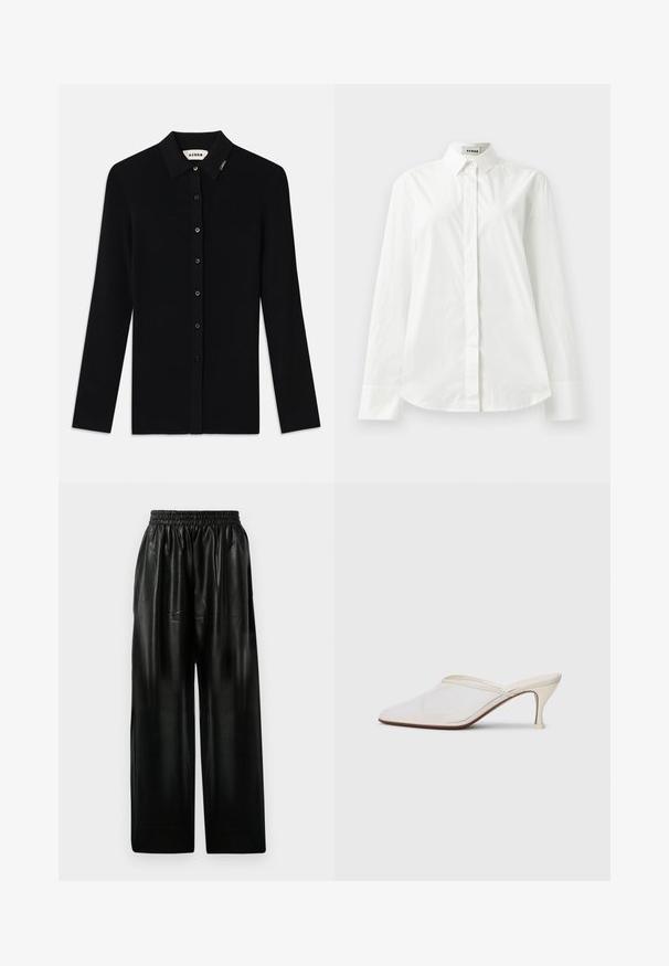 Fekete bordázott, hosszú ujjú kardigán, kifl alakú gallérral, elöl gombos záródással és kis logós díszítéssel a galléron. Simább textúrájú.; Fehér pamut hosszú ujjú ing, hegyes gallérral, gombos elülső záródással és lekerekített szegéllyel. Sima textúra, normál szabás és minták nélkül.; Fekete bőr széles szárú nadrág, rugalmas derékkal, két oldalsó zsebbel és sima, fényes textúrával.; Fehér hálós, hegyes orrú mules cipő, vékony, középmagas sarkával és slip-on kialakításával, egyszerű háttér előtt.