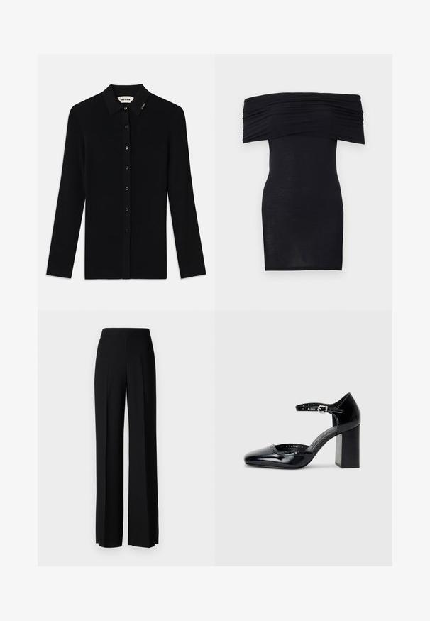 Czarny, prążkowany kardigan z długim rękawem, z kołnierzem ze wcięciem, z rozpięciem na guziki z przodu oraz małym akcentem logo na kołnierzu. Gładka tekstura.; Czarna sukienka bez ramiączek z marszczonym dekoltem, dopasowana, o gładkiej fakturze. Minimalistyczny design, długości do kolan, bez dodatkowych ozdób.; Czarne spodnie o szerokim kroju, o gładkiej fakturze, z wysokim stanem i centralnymi kantami. Brak widocznych wzorów lub detali metalowych.; Czarne lakierowane szpilki z kwadratowym noskiem, paskiem na kostkę i masywnym obcasem. Zawierają perforowane detale na krawędzi.