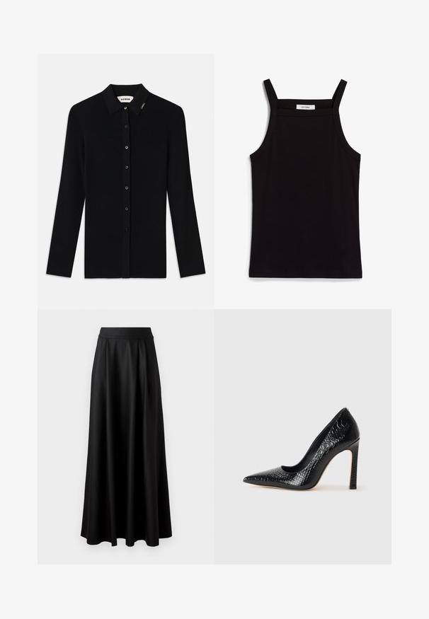Must mustribaline pikae-varrukatega kardigan, millel on nurgeline krae, ees nupud ja väike logo aktsent krael. Sile tekstuur.; Must must vest, mille õhukeste spagettiratastega, ribakanga materjalist, sirge lõikega ja kaela piirkonnas sildi "IVY OAK".; Mustmust pikk, must seelik, millel on sile tekstuur, lai vöökoht ja volditud disain, ilma nähtavate mustrite või kaunistusteta.; Mustan teravaotsaga kõrge kontsaga king, millel on krokodillimustriga tekstuur, stiilne disain, kõrge stilettokonts ja sile must sisesisustus.