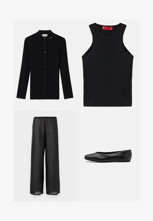 Černý žebrovaný kardigan s dlouhým rukávem a klopovým límcem, zapínání na knoflíky vpředu a malá dekorace loga na límci. Hladká textura.; Černý bezrukávový top vyrobený z měkké bavlny. Má kulatý výstřih a standardní lem. Jednoduchý design, bez viditelných vzorů nebo akcentů.; Bílá bavlněná košile s dlouhým rukávem, špičatým límcem, zapínáním na knoflíky vpředu a zaobleným lemem. Hladká textura, klasický střih a žádné vzory.; Černé široké kalhoty vyrobené z lehkého, poloprůhledného materiálu s elastickým pasem. Design nabízí volný a uvolněný siluetu.; Paul Smith TOPANGA - Klasické baleríny - black