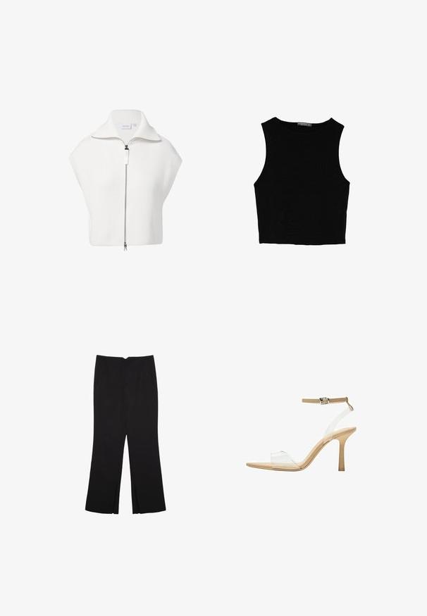 Weißer, gerippter Zip-Up-Pullover mit hohem Kragen und kurzen Ärmeln, ausgestattet mit einem kontrastierenden Reißverschluss und einem strukturierten Stoff.; Schwarzes ärmelloses Crop-Top aus glattem Stoff, mit rundem Ausschnitt und einem klaren, schlichten Design ohne Muster oder Beschläge.; Schwarze Hose mit geradem Schnitt, ausgestattet mit Fronttaschen und Seitenschlitzen am Saum. Hergestellt aus weichem, glattem Stoff. Geeignet für verschiedene Anlässe.; Durchsichtige Sandale mit transparentem Obermaterial, beigem Fußbett und einem schlanken Knöchelriemen. Sie hat eine spitz zulaufende Zehenpartie und einen dünnen, hohen Absatz.