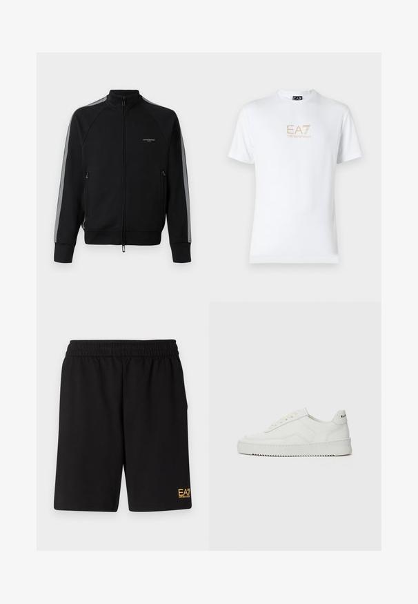 Giacca nera con zip e colletto alto, strisce laterali grigie, due tasche con zip, tessuto testurizzato e branding minimalista sul petto.; T-shirt bianco in cotone con scollatura rotonda e maniche corte, con il logo oro EA7 Emporio Armani stampato sul fronte.; Pantaloni sportivi neri realizzati in tessuto morbido, con vita elastica e un piccolo logo EA7 giallo sulla parte bassa della gamba sinistra.; Sneaker in pelle bianca con una finitura liscia, punta rotonda, lacci piatti e suola testurizzata. Presenta un logo discreto sul tallone.
