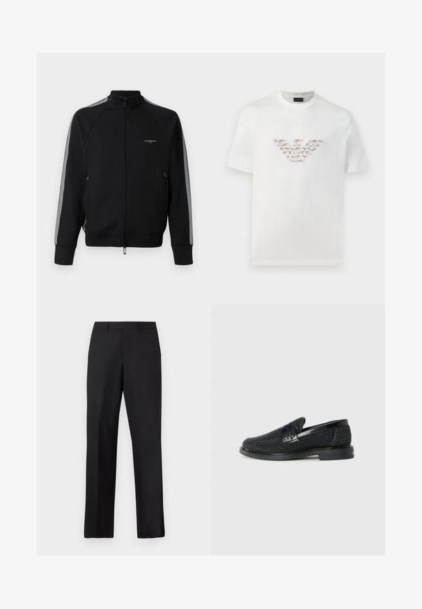 Crna jakna na zatvaranje sa visokim ovratnikom, sivi bočni pruge, dva džepa sa patentnim zatvaračem, teksturirana tkanina i minimalno brendiranje na prsima.; Bijela pamučna majica s kratkim rukavima i okruglim izrezom. Sadrži središnji dizajn loga u ružičastim i smeškim nijansama.; Crne hlače ravnih nogavica od glatkog materijala. Imaju standardni pojas i bez vidljivih uzoraka ili dodataka.; Crne pletene cipele bez pertli s glatkim kožnim naglaskom na gornjem dijelu, s dizajnom okruglog nosa i niskoprofilnom gumenom đonom.