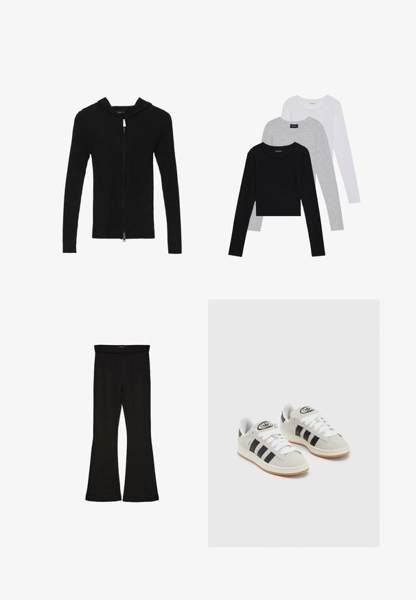 Cardigan nero a coste con zip frontale, maniche lunghe e cappuccio. Realizzato in un tessuto testurizzato, caratterizzato da un design minimalista.; Tre magliette a maniche lunghe impilate: nera, grigia e bianca. Ognuna ha un colletto rotondo e un design accorciato con tessuto morbido e leggero.; Leggings a zampa nera realizzati in un tessuto elasticizzato. Presentano una vita alta e una superficie liscia, con una silhouette aderente che si ampia all'orlo.; Sneakers in suede grigio con lacci bianchi, strisce nere e suola in gomma bianca. Presentano un logo circolare sulla linguetta e una suola in gomma.