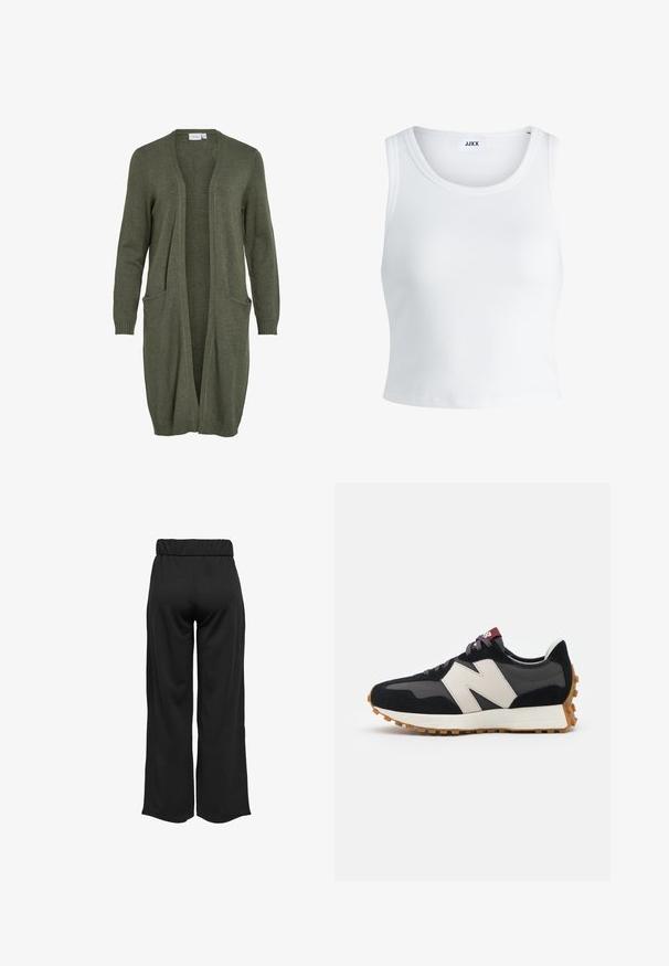 Cardigan longo e aberto em verde oliva, feito de um tecido de malha macio. Possui dois bolsos frontais e punhos canelados.; Top curto branco com nervuras, apresentando um decote redondo, design sem mangas e um comprimento cropped. Rótulo lê "JJXX." Textura de tecido suave.; Calças largas e pretas com uma cinta elástica, feitas de um tecido suave. Apresentam um design limpo, sem bolsos ou detalhes de costura visíveis.; Sneaker em camurça preta e cinza com um grande logótipo "N" creme, cordões roxos e uma sola de borracha texturizada em cor de goma.