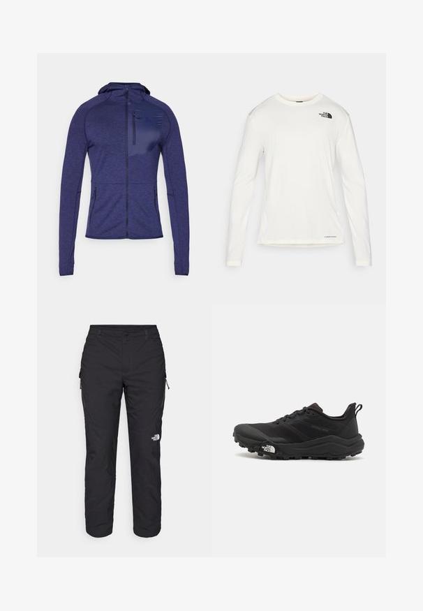 Navy zip-up hoodie made of textured fabric, featuring a solid color panel on the chest, two side pockets, and a drawstring hood.; White long-sleeve shirt with a round neck, textured fabric, black logo on the left shoulder, and subtle branding at the bottom.; The North Face WINTER EXPLORATION TAPERED CARGO  - Outdoor trousers - black; Black trail running shoe with a textured upper, rubber sole, and reinforced toe cap. Features a padded collar and pull tab for easy wear.