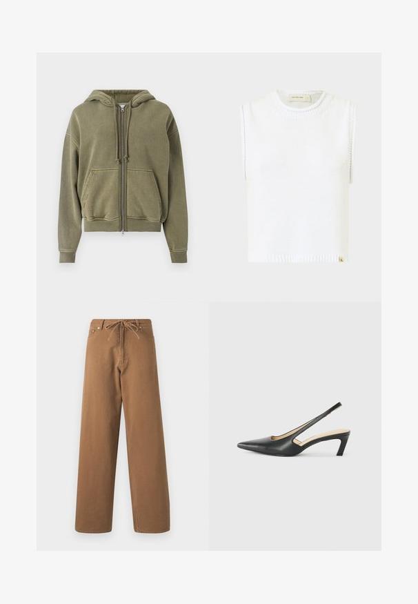 Sudadera con cremallera en verde oliva, hecha de un suave material de forro polar. Presenta una capucha con cordón, bolsillos tipo canguro y puños acanalados.; Top de punto sin mangas en blanco con escote redondo, dobladillo acanalado y detalles de costura lateral; cuenta con una pequeña etiqueta de marca en la parte inferior.; Pantalones de pierna ancha marrones hechos de algodón, con una cintura ajustable con cordón y dos bolsillos frontales. Tejido texturizado con un acabado suave.; Zapato negro de punta afilada tipo slingback con un tacón bajo, que presenta un material de cuero suave y un diseño recortado en el lateral para mayor transpirabilidad.