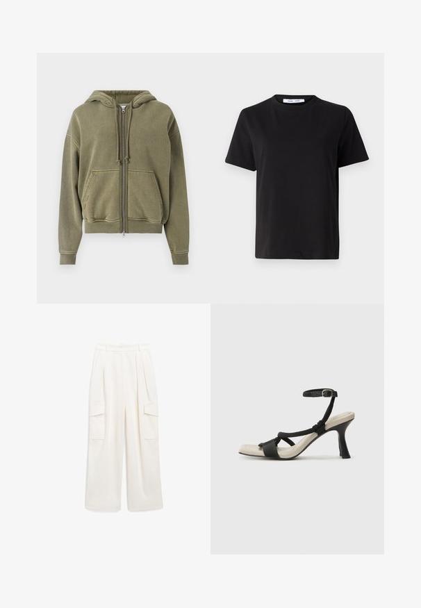 Olijfgroene zip-up hoodie gemaakt van zachte fleece. Voorzien van een trekkoord bij de capuchon, kangoeroezakken en ribgebreide manchetten.; Zwart T-shirt met korte mouwen, gemaakt van zachte katoen, met een ronde hals, een ontspannen pasvorm en een gladde textuur. Geen zichtbare patronen of opdrukken.; Brede cargobroek in lichtcrème stof, met twee zijzakken en twee voorzakken, gladde textuur met geplooid design.; Zwarte hoge hak sandaal met een gevlochten bandontwerp, vierkante teen en verstelbare enkelband. Lichtbeige voetbed met een glanzende zwarte hak.