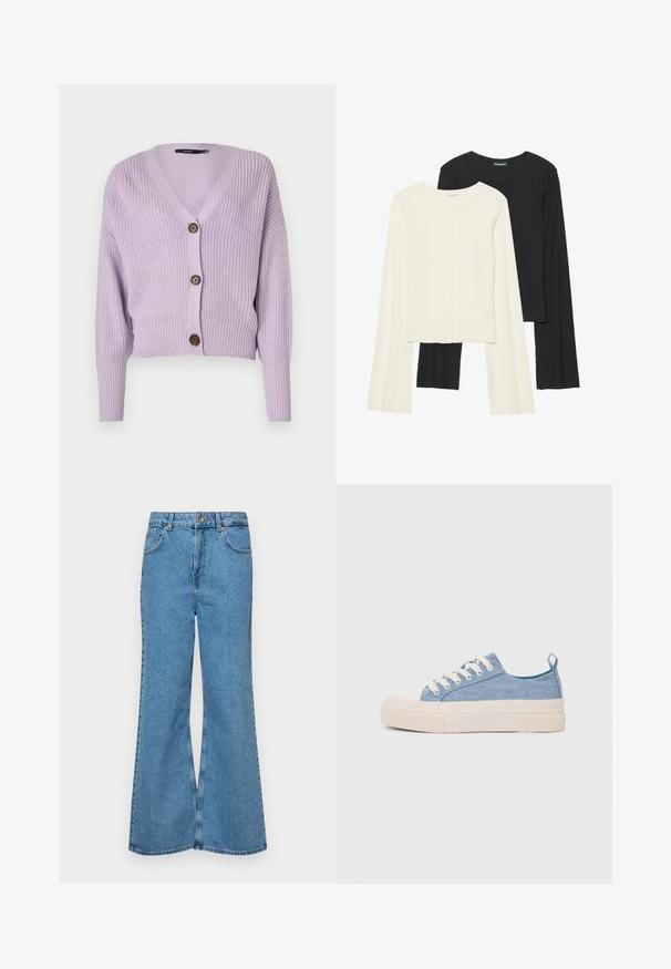 Gaiši violetas adītas jaku ar V veida kakla izgriezumu, trim brūniem pogām un ribotām piedurknēm. Iespējas ietver īsu dizainu un strukturētu audumu.; Divu garo piedurkņu tops komplekts baltā un melnā krāsā. Ribota tekstūra, apaļš kakls, pieguļoša dizaina ar nedaudz izplestām piedurknēm.; Gaiši zili, platā piegriezuma džinsi, kas izgatavoti no denima, ar augstu jostasvietu, piecām kabatām un vienu pogu. Mīksta tekstūra ar nolietotu apdari.; Gaiši zili kanvas sneakeri ar krēmkrāsas gumijas pirksta aizsargu un ārējo zoli, aprīkoti ar baltām šņorēm un cilpu uz papēža.