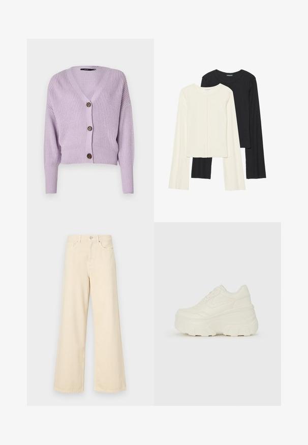 Svetlo vijolična pletena jopica z V-izrezom, tremi rjavimi gumbi in rebrastimi manšetami. Ima skrajšan dizajn in teksturirano tkanino.; Nabor dveh dolgih rokavov v beli in črni barvi. Žameten vzorec, okrogla ovratnica, prilegajoča zasnova z rahlo razširjenimi rokavi.; Bež jeans širokega kroja iz bombaža. Imajo gumbno zapiranje, zanke za pas in sprednje žepe ter gladko, mehko teksturo.; Bele platformske tene z belim zgornjim delom, ki spominja na usnje, okroglo obliko, oblazinjen ovratnik ter gumo z teksturo na podplatu z izrazitimi profili.