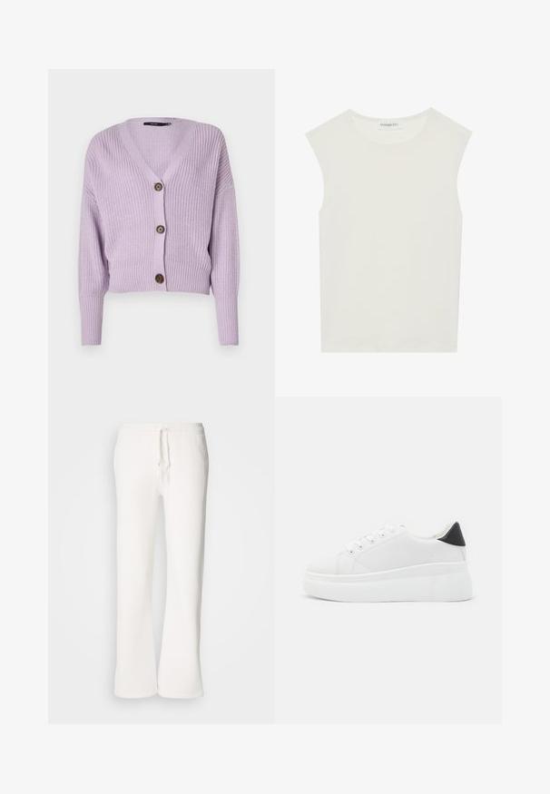 Világoslila, kötött kardigán V-nyakkal, három barna gombbal és bordázott mandzsettákkal. Rövid fazonú és texturált anyagú.; Fehér ujjatlan felső, kerek nyakkivágással. Simább anyagból készült, laza fazonnal és minimalista kialakítással rendelkezik. Nincsenek minták vagy díszítések.; Fehér, laza szabású melegítőnadrág, puha anyagból készült, rugalmas derékkal és zsinórral, egyenes szárú kialakítással.; Fehér platform sportcipők sima szintetikus anyagból, lekerekített orral, fűzős kialakítással és texturált gumitalppal. Fekete sarokdísz.