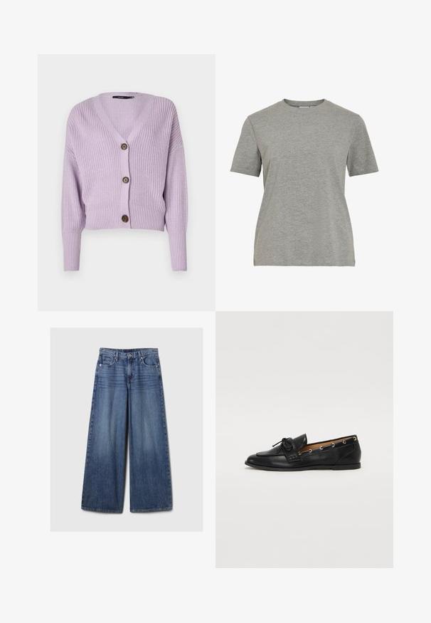 Šviesiai purpurinis megztinis su V formos iškirpte, trimis rudais mygtukais ir raukinėtu rankogaliu. Turi trumpą dizainą ir tekstūruotą audinį.; Pilkas medvilninis marškinėlis su klasikiniu apvaliu kaklu, trumpomis rankovėmis ir lygiu paviršiumi, tinkamas kasdieniam dėvėjimui.; Platus mėlynos džinsinės kelnės su išblukusiu paviršiumi, su mygtukų ir užtrauktuko uždarymu, penkiomis kišenėmis ir diržo kilpomis.; Juodi odiniai loafai su surišta mazgeliu, su auksinėmis akytėmis šoninėse dalyse ir plokščiu guminiu padu. Lygus paviršius, klasikinis dizainas.