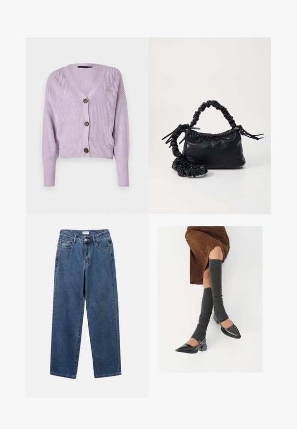 Vaaleanliila neulottu neuletakki, jossa on V-pääkallo, kolme ruskeaa nappia ja ribbireunat. Sisältää lyhyt leikkauksen ja teksturoitua kangasta.; Lyhyt toppi off-white neulemateriaalista. Pitkät hihat, joissa on ribbitekstuuri ja pieniä leikkuukohtia kauluksessa.; Classiset siniset farkut suoran lahkeen muotoilulla, viidellä taskulla ja napillakaan. Ominaisuudet: keskivahva pesu ja kestävä rakenne.; Musta lakattu nahkakengät teräväkärkisillä, leveällä kantapäällä ja nilkkahihnalla, yhdistettynä harmaisiin ribattuihin säärystimiin ja ruskeaan mokkasiinimekkoon.; Must-have mustekahvi nahkalaukku krokotiiliaistalla, kiristetty yläosa ja rypistetty hihna. Näyttää pehmeältä ja kompaktilta muotoilultaan.