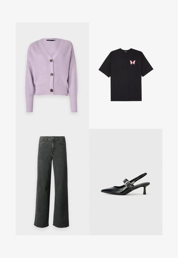 Cardigan lavorato a maglia di colore viola chiaro con scollo a V, tre bottoni marroni e polsini a costine. Presenta un design accorciato e un tessuto testurizzato.; T-shirt nera in cotone con maniche corte, caratterizzata da una piccola grafica di una farfalla rosa sul lato sinistro del petto. Design a girocollo con una vestibilità rilassata.; Jeans a gamba larga in denim grigio scuro, con una sottile texture a zebra, cuciture a contrasto e design a cinque tasche con chiusura a bottone.; Décolleté neri in vernice con punta affilata e tacco a blocco piccolo, dotati di un accentuato con fibbia argentata sulla cinturino.