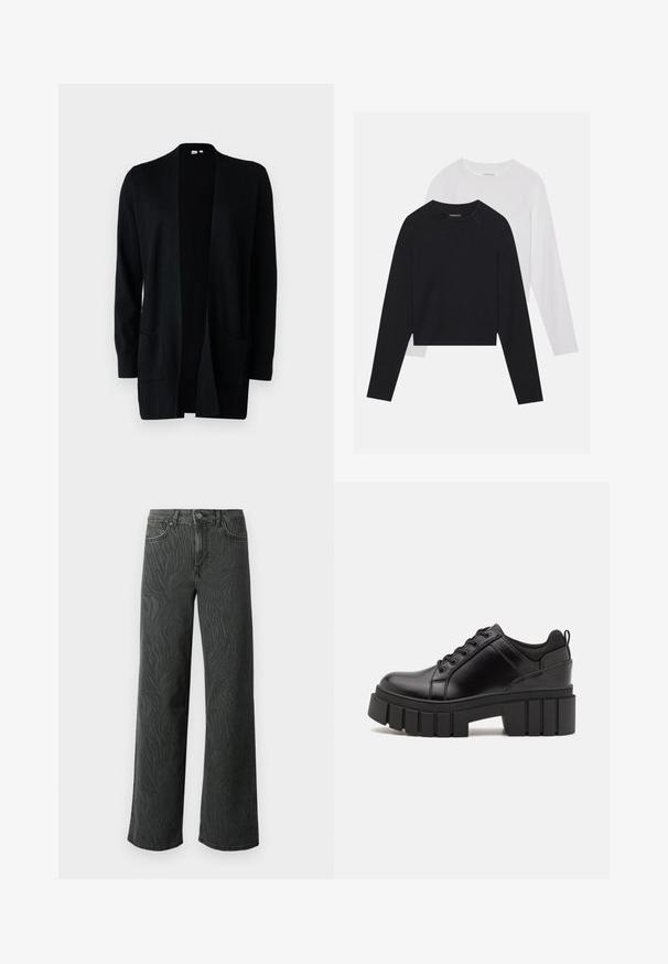 GAP BELLA czarny; Dwie koszule z długim rękawem: jedna czarna, a druga biała. Obie mają okrągły dekolt, rękawy raglanowe i miękką bawełnianą tkaninę.; Jeans o szerokich nogawkach w ciemnoszarym denimu, z subtelną fakturą w zebry, kontrastowym przeszyciem i pięci Pocket designem z zapinaniem na guzik.; Czarne skórzane buty na platformie z masywnym słupkowym obcasem, okrągłym noskiem i klasycznym sznurowaniem. Posiadają gładką teksturę i minimalne wykończenia.