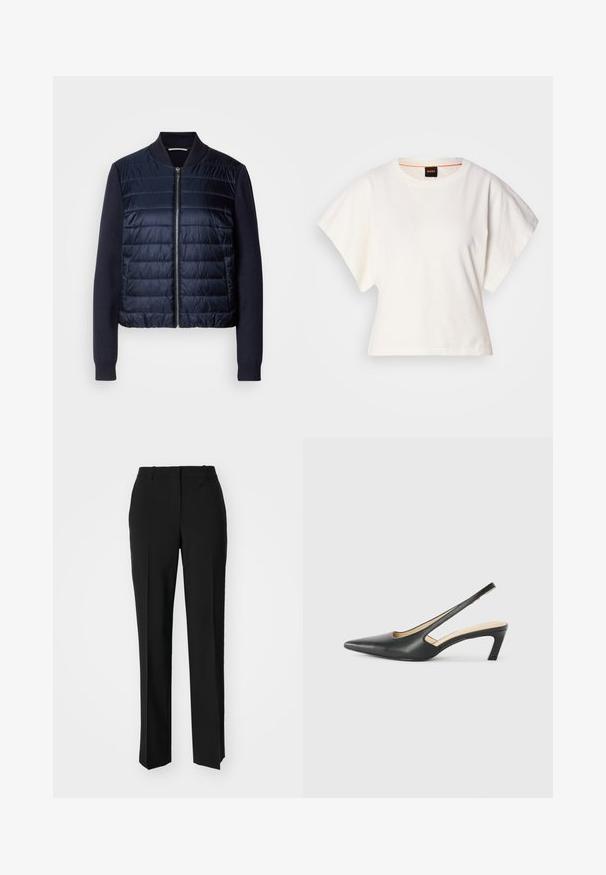 Navy blue bomber jacket with a quilted front and ribbed knit sleeves. Features a front zipper and side pockets, made from lightweight fabric.; White cropped T-shirt, short wide sleeves, soft cotton material, round neckline with subtle orange trim, minimal design, no patterns or graphics.; Black tailored trousers with a straight-leg design, featuring a smooth texture and crisp creases along the front. No visible hardware.; Black pointy-toed slingback shoe with a low heel, featuring smooth leather material and cut-out design on the side for breathability.