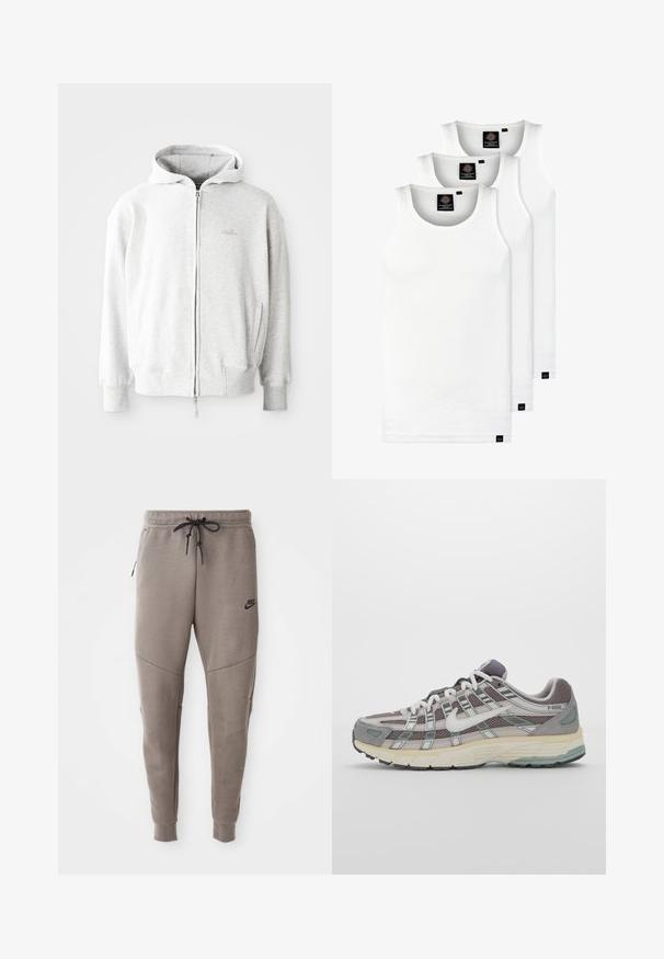 Lys grå zip-up hettegenser med snor i hetta, ribbestrikkede mansjetter og nederkant, samt en liten logo på brystet. Laget av myk bomullsblanding.; Tre hvite ribbestrikkede tank topper laget av bomull. Har en rund hals og små svarte etiketter nær kanten. Tilgjengelig i flere størrelser.; Grå Nike joggebukser med snor i midjen, smale ben, sidelommer og distinkte sømdetaljer. Myk, teksturert stoff.; Grå treningssko med overdel i nett og semsket skinn, hvite detaljer, en polstret såle, og et særpreget design med reflekterende elementer.