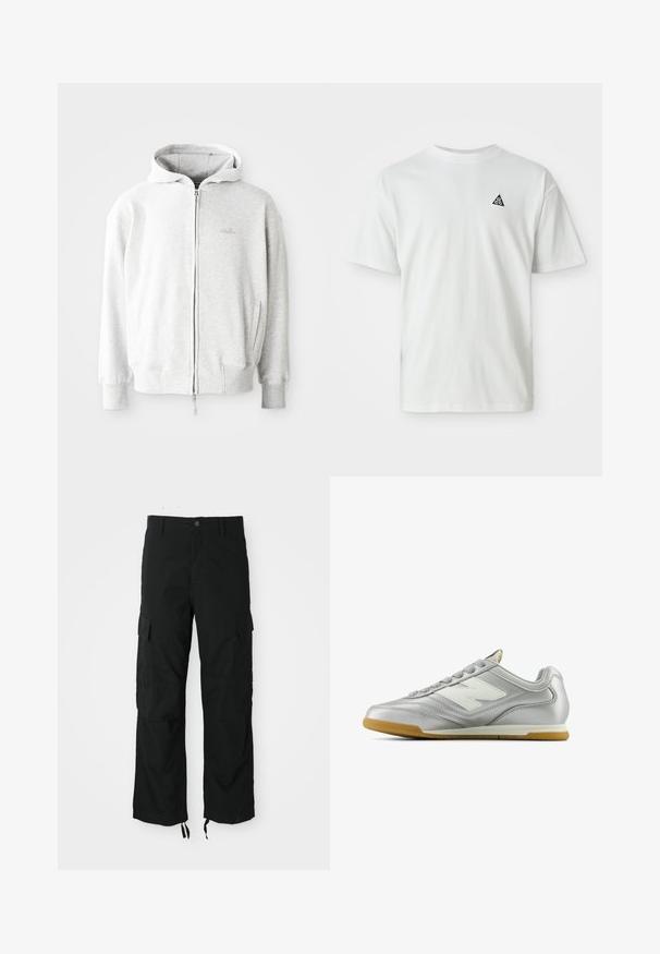 Sudadera con cremallera de color gris claro, con capucha ajustable, puños y dobladillo acanalados, y un pequeño logotipo en el pecho. Fabricada en una suave mezcla de algodón.; Camiseta blanca de manga corta con un pequeño logo negro en forma de triángulo que contiene "acg" en el lado izquierdo del pecho, fondo liso.; Pantalones cargo negros hechos de tela durable, con dos bolsillos laterales, cierre de botón y dobladillos ajustables para un ajuste suelto y relajado.; Zapatilla deportiva plateada con una superficie suave y brillante, logotipo blanco en el lateral, cordones texturizados en gris y suela de goma.