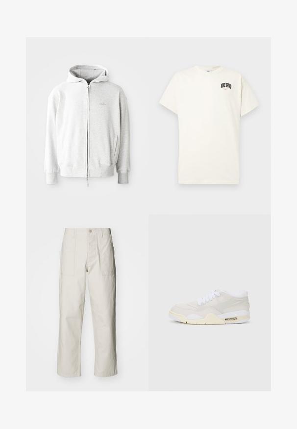 Sudadera con cremallera de color gris claro, con capucha ajustable, puños y dobladillo acanalados, y un pequeño logotipo en el pecho. Fabricada en una suave mezcla de algodón.; Camiseta de algodón color crema con mangas cortas, que presenta "NIKE SB" en texto negro y rojo en el pecho. Cuello redondo estándar.; Pantalones de pierna ancha color beige claro, hechos de algodón. Cuentan con bolsillos frontales y cierre de botón. Textura suave con sutiles líneas verticales.; Zapatillas con una parte superior sintética beige clara, cordones blancos y acolchado visible. Presentan una suela suave y acentos sutiles en los laterales.