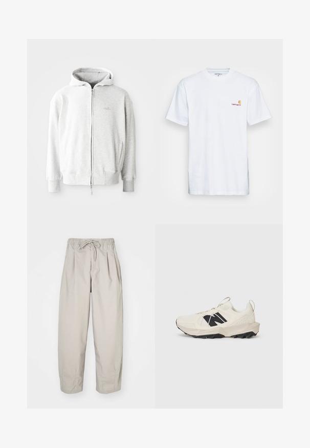 Světle šedá mikina na zip s kapucí na stažení, žebrovanými manžetami a lemem a malým logem na hrudi. Vyrobena z měkké směsi bavlny.; Bílé bavlněné tričko s krátkým rukávem. Navrženo s malým oranžovým a vínovým logem na levé části hrudi. Obsahuje klasický kulatý výstřih.; Béžové, lehké kalhoty s elastickým pasem a šňůrkou na stažení. Mají sklady a volný střih, vyrobené z měkké, hladké látky.; Svetle béžové tenisky s mřížkovou svrchní částí, černým logem a texturovanou podešví. S důrazem na geometrický vzor na mezipodešvi.