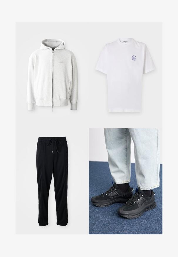 Sudadera con cremallera de color gris claro, con capucha ajustable, puños y dobladillo acanalados, y un pequeño logotipo en el pecho. Fabricada en una suave mezcla de algodón.; Camiseta blanca de algodón con mangas cortas, cuello redondo y un pequeño logo azul bordado en forma de "C" en el área del pecho izquierdo.; Pantalones casuales negros con cordón en la cintura, con bolsillos laterales y corte de pierna recta sobre un fondo liso.; Zapatillas deportivas negras con tejido texturizado y suelas de goma, con cordones elásticos y un acento azul en el talón. Combinadas con pantalones de mezclilla claros.