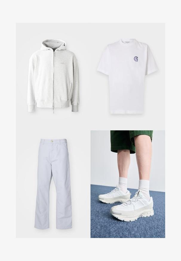 Gai pelēks ar rāvējslēdzēju aizdare mergs ar kapuci, ribotām piedurknēm un apakšmalu, kā arī mazu logotipu uz krūtīm. Izgatavots no mīksta kokvilnas auduma maisījuma.; Balts kokvilnas T-krekls ar īsām piedurknēm, apaļu kakla izgriezumu un nelielu izšūtu zilu "C" logotipu kreisajā krūšu daļā.; Gaiši zila, taisnu kāju bikses, izgatavotas no kokvilnas. Tām ir priekšējā kabata, rāvējslēdzēja aizdare un viena metāla pogas jostasvietā.; Baltas sporta apavi ar teksturētām detaļām, masīvu zoli un pelēkiem akcentiem. Valkāti ar baltiem zeķu pēdu apģērbiem un zaļām šortiem uz zilas virsmas.