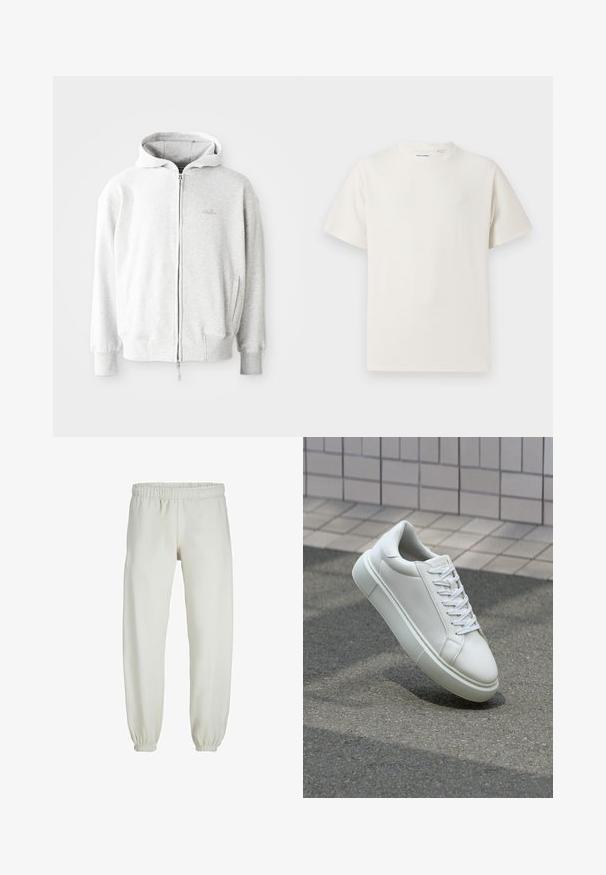 Felpa zip grigia chiara con cappuccio regolabile, polsini e orlo a coste, e un piccolo logo sul petto. Realizzata in morbido tessuto misto cotone.; T-shirt bianca a maniche corte in texture a coste. Girocollo, vestibilità rilassata, senza modelli o accenti visibili. Design semplice e versatile.; Pantaloni tuta bianchi realizzati in tessuto morbido, dotati di vita e polsini elastici, con una texture liscia e una vestibilità ampia.; Sneaker bianco in pelle con superficie liscia, punta rotonda e lacci piatti bianchi. Presenta una suola in gomma texturizzata e un design minimale.