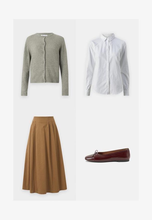 Pilkas megztas kardiganas su apvalia iškirpte, ilgomis rankovėmis ir priekiniu užsegimu. Turi švelnų paviršių bei rievėtas rankovių ir apačios kraštus.; Balta marškinėliai su mygtukais, pagaminti iš lygios medvilnės, su klasikiniais apykaklės, ilgomis rankovėmis ir lenktu kraštu. Mygtukai maži ir balti.; Ruda medvilninė A formos sijonas su aukštu liemeniu, puikuojantis klostėmis priekyje ir lygia tekstūra. Apdailos kraštai yra švarūs ir paprasti.; Bordo lakiotos odos baleto bateliai su apvalia nosimi, maža kaspinėlio akcentu priekyje ir žema juoda guma padanga. Lygi tekstūra.