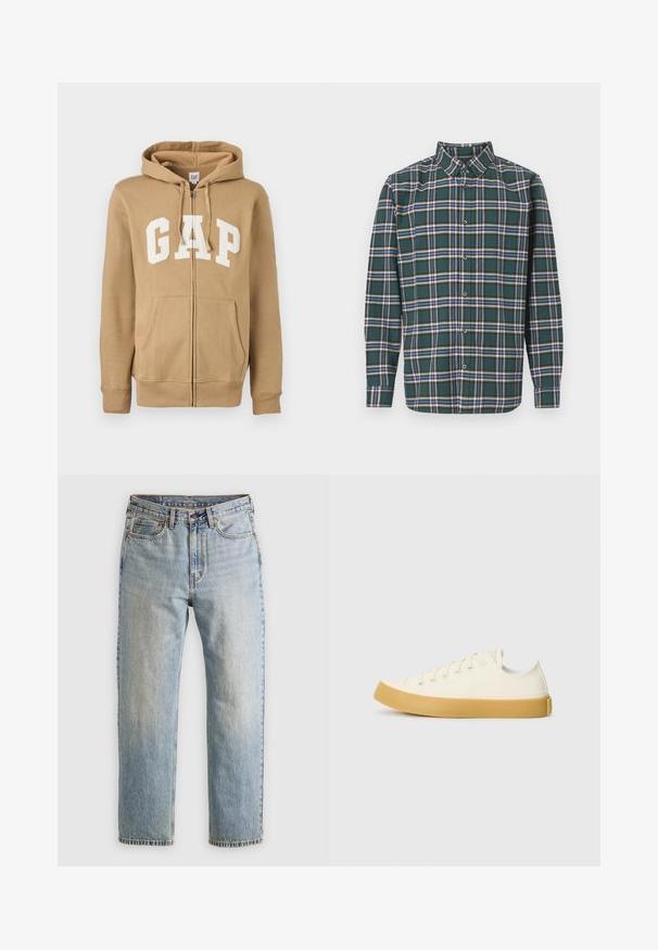 Sweatshirt com fecho na frente, na cor bege, apresentando um bolso frontal e o logótipo "GAP" em branco. Feito de um tecido macio com punhos e bainha canelados.; Camisa de flanela verde com um padrão de xadrez apresentando linhas azuis, brancas e mostarda. Frente com botões e colarinho pontudo. Mangas compridas.; T-shirt de manga curta de cor cinza claro, com decote redondo, exibido sobre um fundo branco, vista frontal, sem logótipos ou designs visíveis.; Jeans de ganga azul claro com cintura alta, fecho frontal, zipper e design de cinco bolsos, dispostos de forma plana sobre um fundo neutro.; Sapatilhas de tela em off-white com biqueira redonda, apresentando solas de borracha bege e cinco ilhós para atacadores, acabamento texturizado na parte superior.