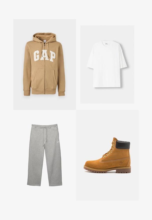 Barna zipzáras kapucnis pulóver, elülső zsebével és fehér "GAP" logójával. Puha szövetből készült, bordás mandzsettákkal és aljjal.; Fehér, rövid ujjú pamut póló, kerek nyakkivágással és laza szabással. Simább textúra, látható minták vagy díszítések nélkül.; Szürke, puha anyagból készült melegítőnadrág, rugalmas derékpánttal, állítható húzózsinórral és oldalsó zsebekkel. Egy kis fehér logóval rendelkezik.; Barna velúr bokacipő fekete párnázott gallérral, arany fém fűzőlyukakkal, fehér varrási részletekkel és durva gumitalppal, amelynek kifejezett barázdái vannak.