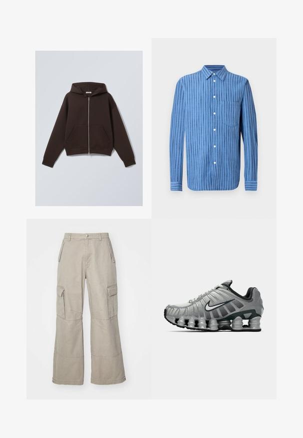 Brązowa bluza z kapturem na zamek, wykonana z miękkiej mieszanki bawełny, z pojemnym kapturem, przednimi kieszeniami oraz prążkowanymi mankietami i dołem.; Niebieska koszula z długim rękawem zapinana na guziki, z pionowymi czarnymi paskami i kieszenią na piersi, prezentowana na białym tle.; Beżowe spodnie cargo wykonane z mieszanki bawełny, z szerokimi nogawkami, wieloma bocznymi kieszeniami i subtelnymi detalami przeszycia.; Szare i czarne buty biegowe Nike z widocznym, sprężystym tłumieniem pod podeszwą oraz białym logo swoosh po boku.