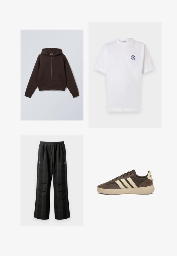 Braune Zip-Hoodie aus weichem Baumwollmischgewebe, mit geräumiger Kapuze, vorderen Taschen und gerippten Bündchen und Saum.; Weißes Baumwoll-T-Shirt mit kurzen Ärmeln, rundem Halsausschnitt und einem kleinen, gestickten blauen "C"-Logo auf der linken Brustseite.; Schwarze karierte Hosen mit elastischem Bund, zwei Fronttaschen und lockerer Passform im geraden Beinschnitt. Hergestellt aus leichtem Material.; Brauner Wildledersneaker mit drei weißen Streifen, abgerundetem Zehenbereich, dicker Gummisohle und minimaler Markenkennzeichnung an der Ferse.