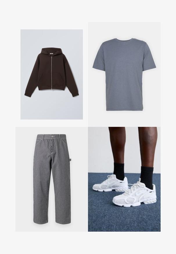 Brown zip-up hoodie made of soft cotton blend fabric, featuring a spacious hood, front pockets, and ribbed cuffs and hem.; Gray short-sleeve T-shirt with a round neck, made of soft cotton blend fabric. Simple design, no patterns or accents.; Striped trousers made of cotton blend fabric, featuring vertical black and white stripes, a button closure, and side pocket design.; White athletic shoes with mesh upper, textured accents, and cushioned sole. Paired with black ribbed ankle socks on a blue carpeted surface.