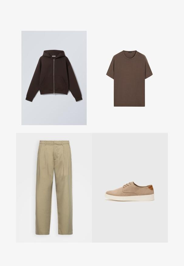 Hnědá zipová mikina vyrobená z měkké bavlněné směsi, s prostornou kapucí, předními kapsami a žebrovanými manžetami a spodním lemem.; Hnědé bavlněné tričko s kulatým výstřihem a krátkým rukávem. Jednoduchý design s rovnoměrnou strukturou a uvolněným střihem. Bez vzorů nebo akcentů.; Beige kalhoty s vysokým pasem a rovnýmlíčkem, s plochým předním dílem, bočními kapsami a hladkým, strukturovaným materiálem.; Béžové semišové tenisky s kulatou špičkou, šněrováním vpředu a texturovaným zadním akcentem. Bílá gumová podrážka poskytuje kontrast. Jednoduchý a moderní design.