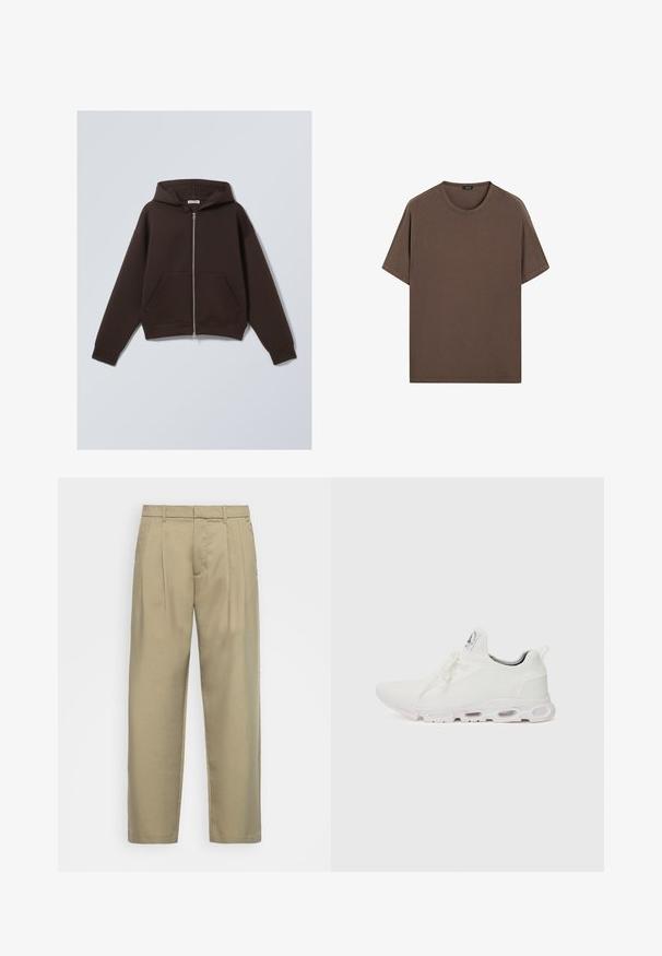 Bruine zip-up hoodie gemaakt van een zachte katoenmix, met een ruime capuchon, voorzakken en ribgebreide manchetten en zoom.; Bruine katoenen t-shirt met een ronde hals en korte mouwen. Eenvoudig ontwerp met een gelijkmatige textuur en een comfortabele pasvorm. Geen patronen of accenten.; Beige, hoge taille broek met een rechte snit, voorzien van een platte voorkant, zijzakken en een gladde, gestructureerde stof.; Witte sportieve schoenen met een gestructureerde gebreide bovenkant, platte veters en een gevoerde zool met zichtbare luchtkamers voor extra ondersteuning.