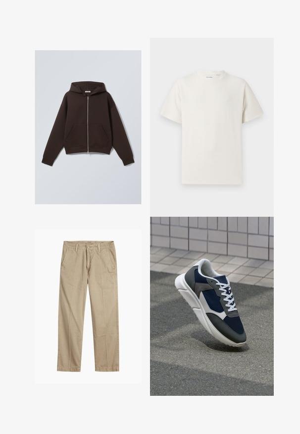 Veste à capuche zippée marron en mélange de coton doux, dotée d'une capuche spacieuse, de poches avant et de poignets et d'un ourlet côtelés.; T-shirt blanc à manches courtes en texture côtelée. Encolure ronde, coupe décontractée, sans motifs ni accents visibles. Design simple et polyvalent.; Chinos beiges à jambes droites avec passants de ceinture, fermeture par bouton et fermeture éclair à l'avant, et poches avant en biais.; Baskets avec une tige en mesh bleu marine, des accents en suède gris, une semelle en caoutchouc blanc et des lacets plats blancs, conçues pour le confort et la respirabilité.