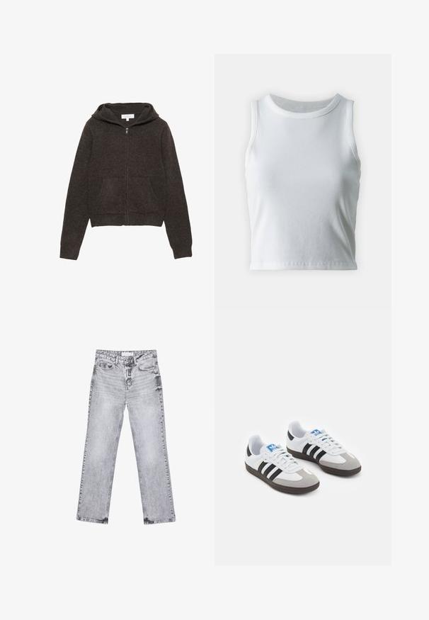 Smeđa zip-up dukserica s mekim teksturom, dugim rukavima, prostranom kapuljačom i dva prednja džepa. Jednostavan, klasični dizajn.; Bjela rebrasta majica bez rukava s okruglim izrezom i ravnim rubom, koja ima glatku i rastezljivu teksturu.; Sive traperice s ravnim nogavicama, s detaljima trošenja, pet džepova i bakrenim zakovicama. Pojas ima oznaku s logom.; Sportske cipele s gornjištem od bijele kože, sivi suedinasti nos i tri crne pruge. Imaju plavi logo na jeziku i teksturiranu gumenu podlogu.