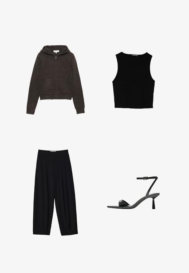 Hnedá mikina na zips s mäkkou textúrou, dlhými rukávmi, priestrannou kapucňou a dvomi prednými vreckami. Jednoduchý, klasický dizajn.; Čierny bezrukávový crop top vyrobený z hladkej tkaniny, so zaobleným výstrihom a čistým, jednoduchým dizajnom bez vzorov alebo kovania.; Čierne nohavice širokého strihu z ľahkej textílie, s prednými skladmi, klasickým pásom a bočnými vreckami. Hladká textúra.; Bershka Sandále na vysokom opätku - black